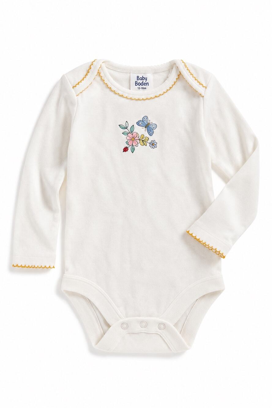 Mini Boden Pointelle Long-Sleeve Bodysuit – 12–18M – Ivory/White Floral